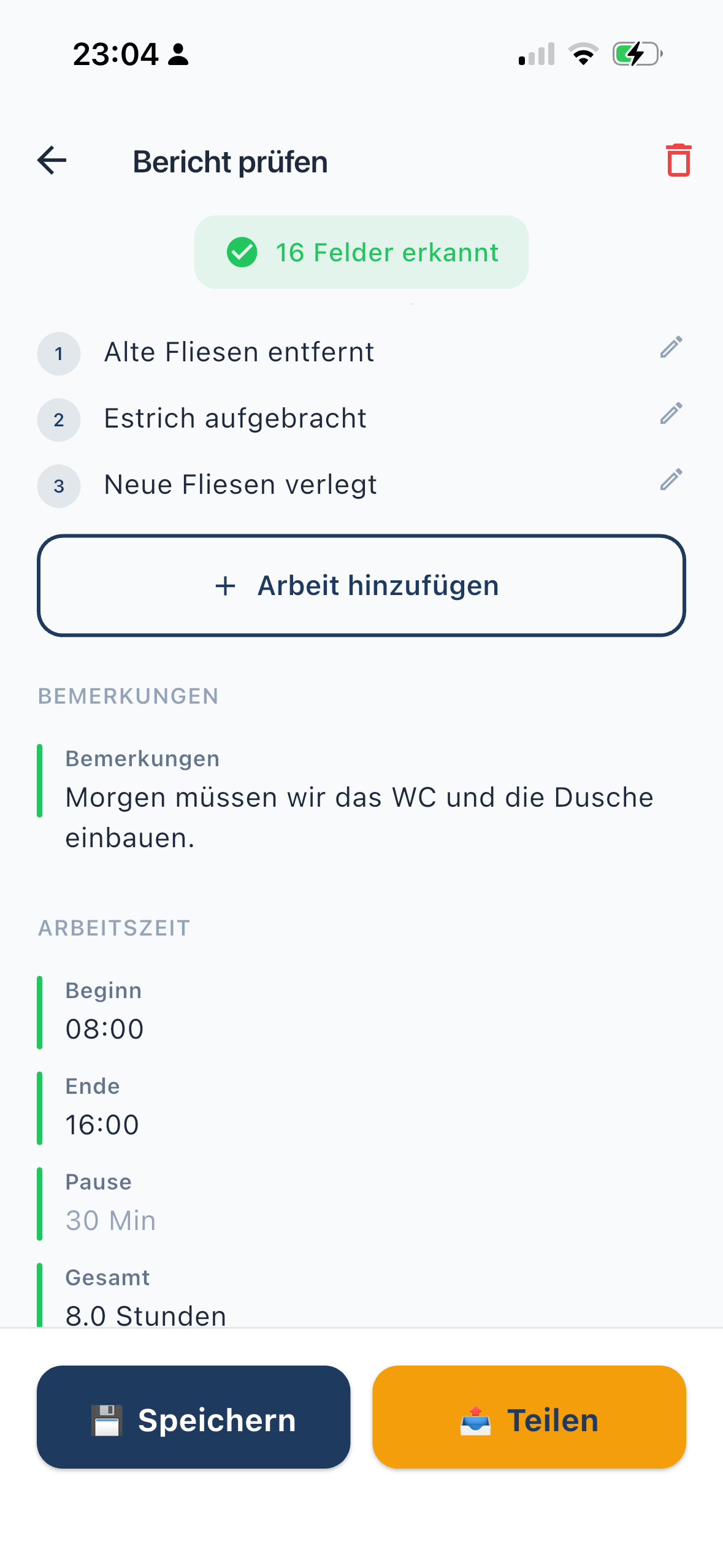 Bericht-Entwurf mit durchgeführten Arbeiten, Bemerkungen und Arbeitszeit zum Prüfen