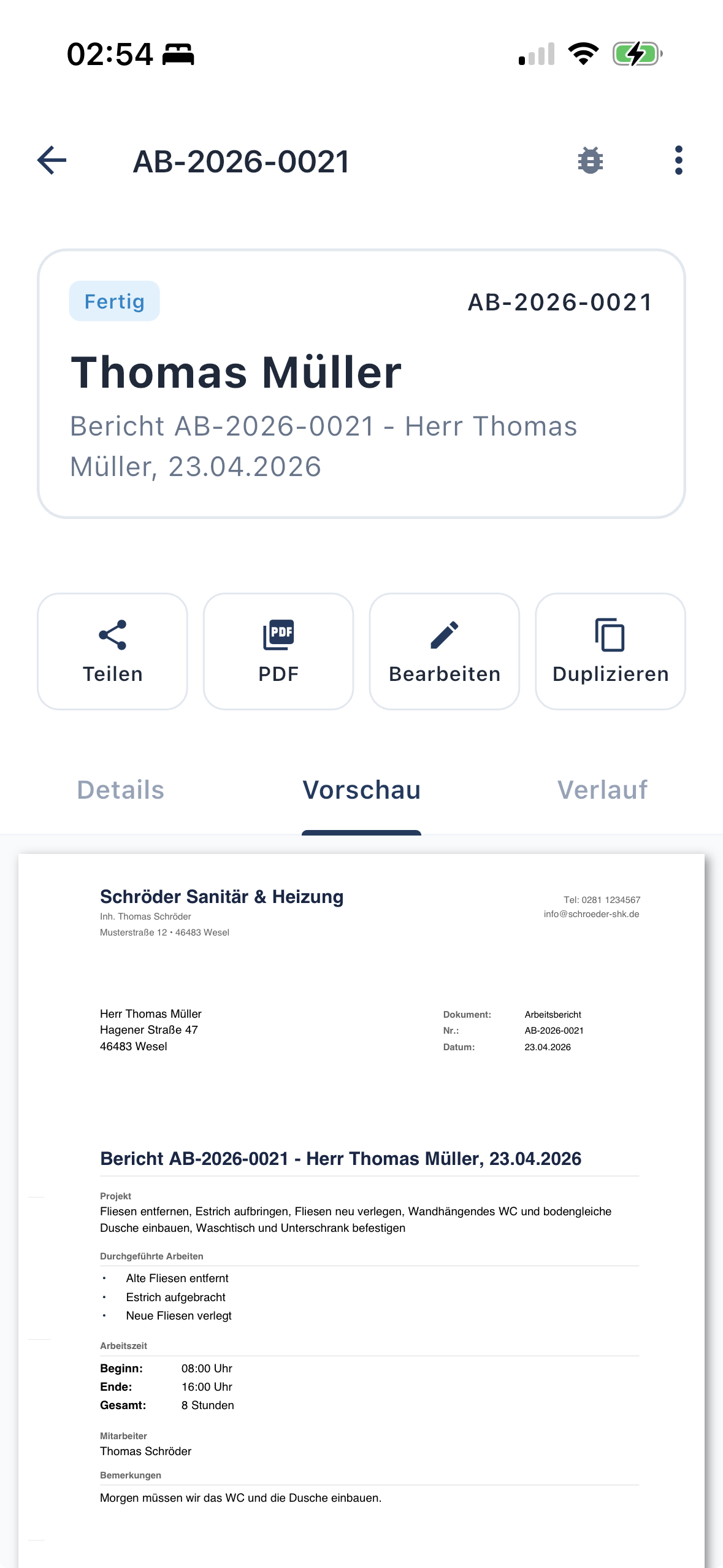 Fertiger Arbeitsbericht als PDF mit Projekt, durchgeführten Arbeiten und Arbeitszeit
