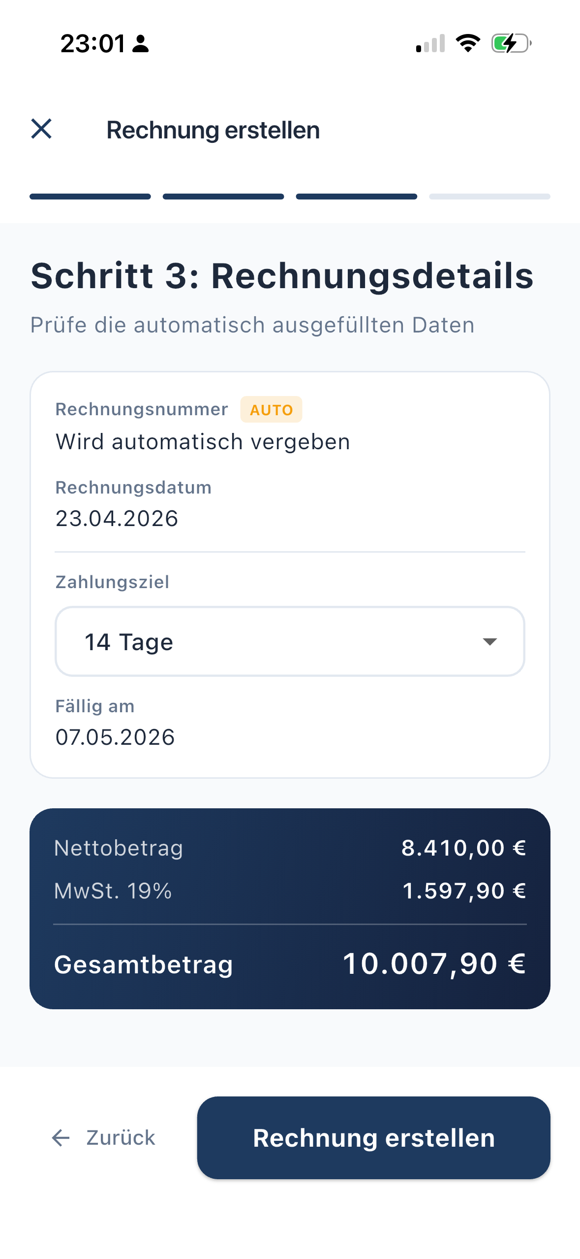 Rechnungsdetails mit automatischer Rechnungsnummer, Zahlungsziel und MwSt-Aufschlüsselung